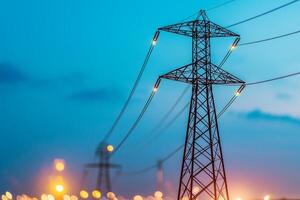 Sustainable energy with green tech concept. Power transmission tower at dusk, showcasing electrical cables against a blurred cityscape background. photo