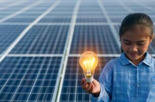 Sustainable energy with renewable power concept. Young girl holds a glowing light bulb in front of solar panels, symbolizing renewable energy and innovation. photo