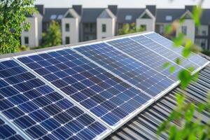 Sustainable energy with renewable power concept. Solar panels on a rooftop capture sunlight, promoting renewable energy in a modern residential setting. photo