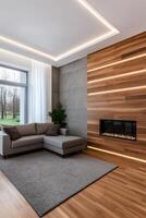 Home improvement with renovation trends concept. Modern living room featuring a cozy sofa, wooden accents, a sleek fireplace, and large windows that offer a view of the outdoors. photo
