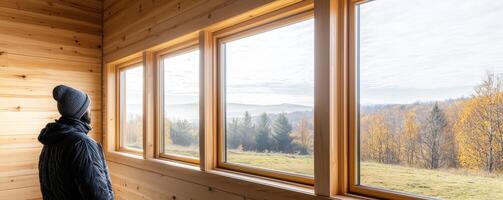 Home improvement with sustainable building concept. A person gazes out of a wooden cabin window, enjoying a serene view of autumn trees and rolling hills under a cloudy sky. photo