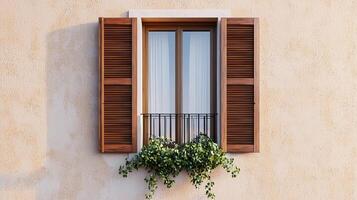 Home improvement with sustainable building concept. Window with wooden shutters and a balcony adorned with lush greenery against a textured wall. photo