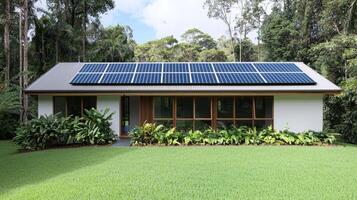Home improvement with sustainable building concept. House featuring solar panels on the roof, surrounded by lush greenery and trees, promoting sustainable living. photo