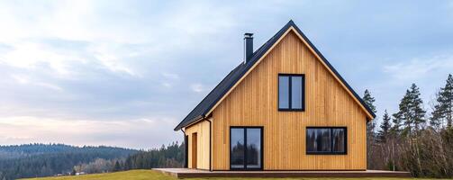 Home improvement with sustainable building concept. Wooden house with large windows, set against a backdrop of trees and a cloudy sky, showcasing a blend of nature and contemporary architecture. photo