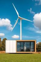 Home improvement with sustainable building concept. Modern eco-friendly house stands beside a large wind turbine under a clear blue sky, surrounded by lush green grass and trees. photo