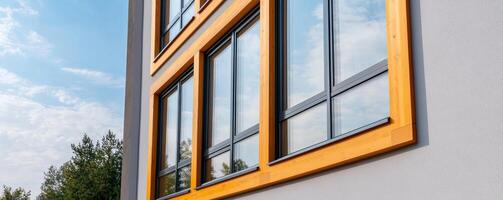 Home improvement with sustainable building concept. Modern building facade featuring large windows with wooden frames against a clear blue sky and greenery. photo