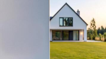 Home improvement with sustainable building concept. Modern house with large windows and a green lawn, set against a soft-focus background featuring textured wall detail. photo