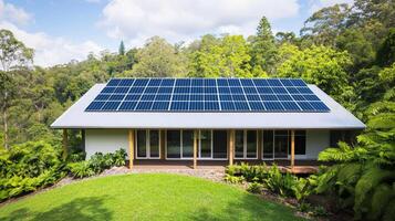 Home improvement with sustainable building concept. Modern house with a solar panel roof, surrounded by lush greenery, showcasing an eco-friendly design in a tranquil setting. photo