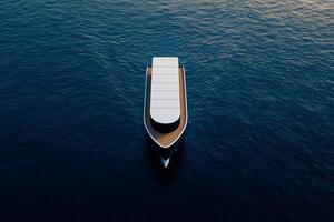 Sustainable transportation automotive concept. Boat glides through calm waters, showcasing sleek design and minimalistic aesthetics against a tranquil backdrop. photo
