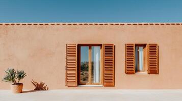 Home improvement with sustainable building concept. Peach-colored wall with wooden shutters and a potted plant, set against a bright blue sky. photo