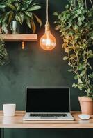 Business entrepreneurship with remote work concept. Stylish workspace featuring a laptop, a glowing bulb, and lush greenery against a dark green wall, creating an inviting atmosphere for productivity. photo
