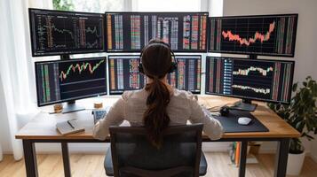 Business entrepreneurship with remote work concept. A focused individual analyzes market data on multiple screens, immersed in trading or financial analysis in a modern workspace. photo