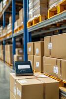 E-commerce growth and business entrepreneurship concept. Warehouse scene with packages and a tablet for inventory management. photo
