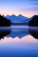 Lifestyle wellness with mental health and self-care concept. Serene lake reflecting mountains at dawn under a colorful sky. photo