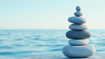 Social impact with justice concept. Balanced stones stacked by serene water, symbolizing calmness and peace. photo