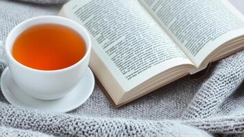 Lifestyle wellness with mental health and self-care concept. Cozy tea and book arrangement on a soft blanket. photo