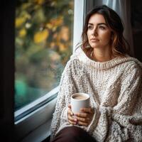 Lifestyle wellness with mental health and self-care concept. Cozy woman enjoying coffee by a window in a warm sweater. photo