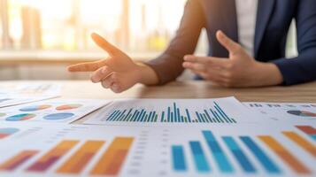 Personalized marketing advertising concept. Professional discussing charts and data in a bright office setting. photo