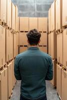 E-commerce growth and business entrepreneurship concept. A person standing in a storage area filled with cardboard boxes. photo
