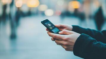 Influencer marketing advertising concept. Person holding a smartphone with a blurred background in a city setting. photo