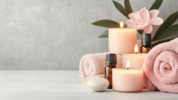 Lifestyle wellness with mental health and self-care concept. Serene spa setting with candles, towels, and a flower arrangement. photo