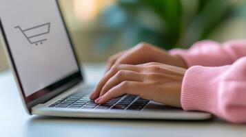 E-commerce growth and business entrepreneurship concept. Shopping online with a laptop and hands typing on the keyboard. photo