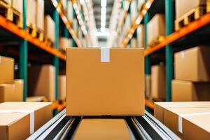 E-commerce growth and business entrepreneurship concept. Warehouse scene with packages on a conveyor belt system. photo