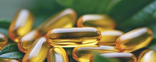 Health supplements and natural remedies concept. Golden capsules on green leaves, representing health and wellness. photo