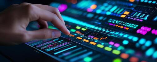 Digital music and arts concept. Futuristic interface with hand interacting on a digital screen. photo
