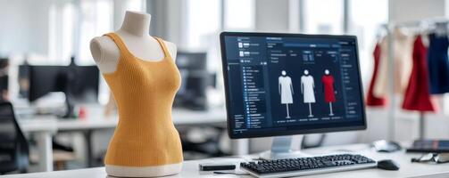 Social impact business with entrepreneurship concept. Fashion design workspace with a mannequin and computer display. photo