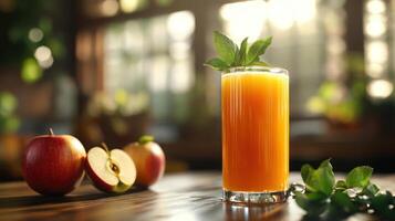Glass of freshly squeezed apple juice with apples on a table. photo