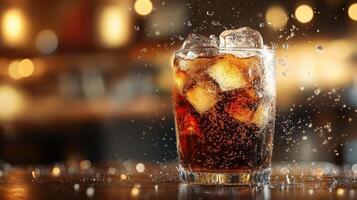A glass of cola with ice cubes on a table. photo