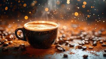 A hot cup of coffee with cinnamon and coffee beans photo