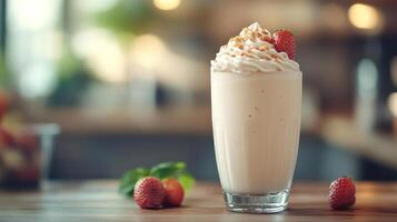 A tall glass filled with creamy strawberry shake and topped with whipped cream photo