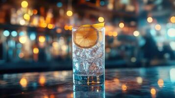A glass of ice water with lemon slices on a bar counter photo