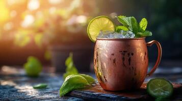 A refreshing Moscow Mule cocktail in a copper mug. photo