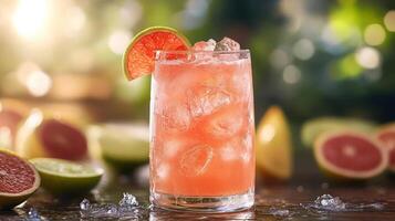 A glass of pink cocktail with a slice of lime photo
