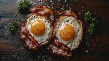 Two bacon-wrapped eggs on a dark wooden table photo