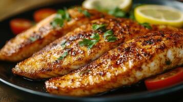 Pan-seared fish fillets with lemon and herbs photo