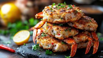 Stack of crab cakes with red peppers and parsley photo