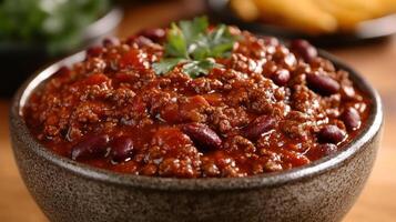 bowl of chili with beans and herbs photo