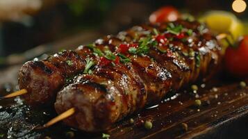 Grilled meat skewers with vegetables and herbs photo