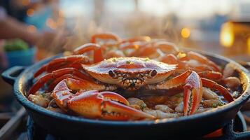 A large red crab in a black pan photo