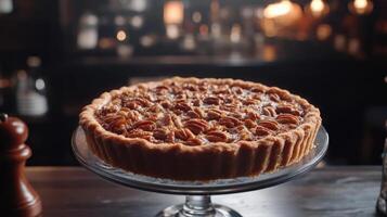A pecan pie on a glass cake stand. photo