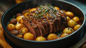Braised beef and potatoes in a cast iron skillet. photo
