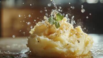 A close-up shot of mashed potatoes with a garnish photo