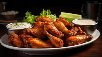 plate of chicken wings with dipping sauces and celery sticks photo