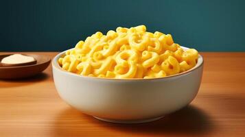 A bowl of macaroni and cheese sits on a table photo
