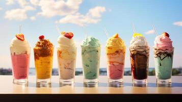 Multiple colorful ice cream sundaes and parfaits with whipped topping photo