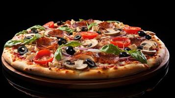 A delicious-looking pizza with various toppings photo